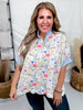 White Jacquard Floral Button - Down Top With Blue Trim - Whiskey Skies - UMGEE