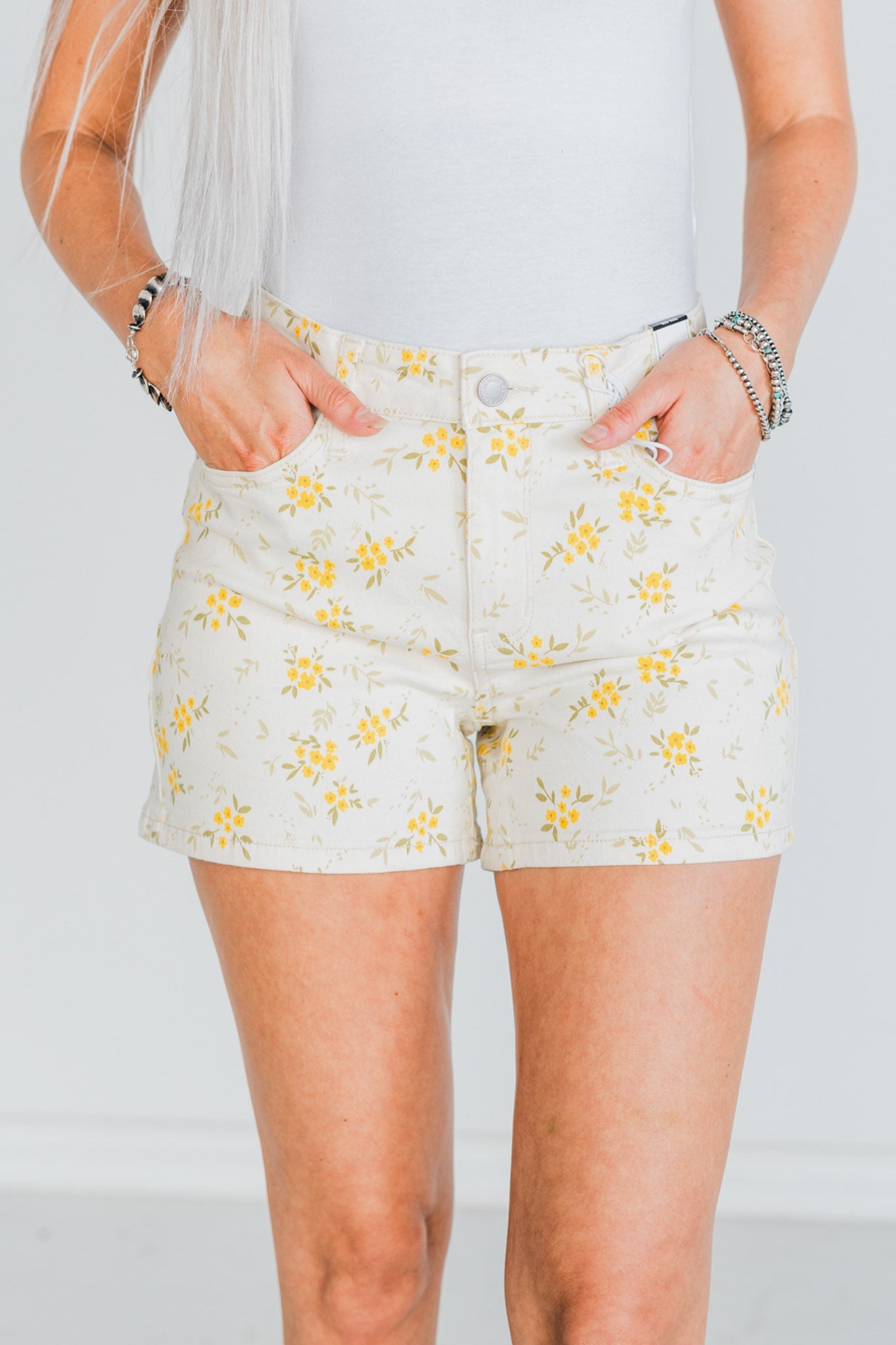 White Judy Blue Flower Print Denim Shorts Whiskey Skies