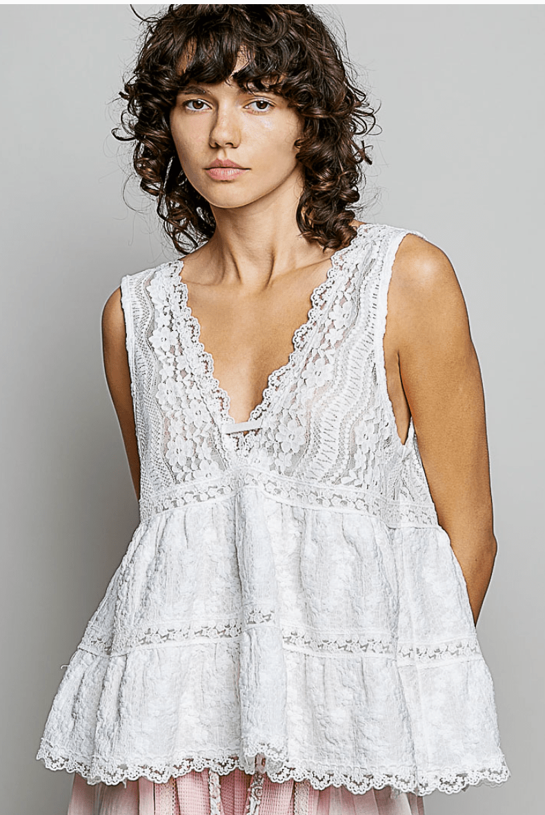White Lace Trim Deep V - Neck Tank Top - Whiskey Skies - POL CLOTHING INC.