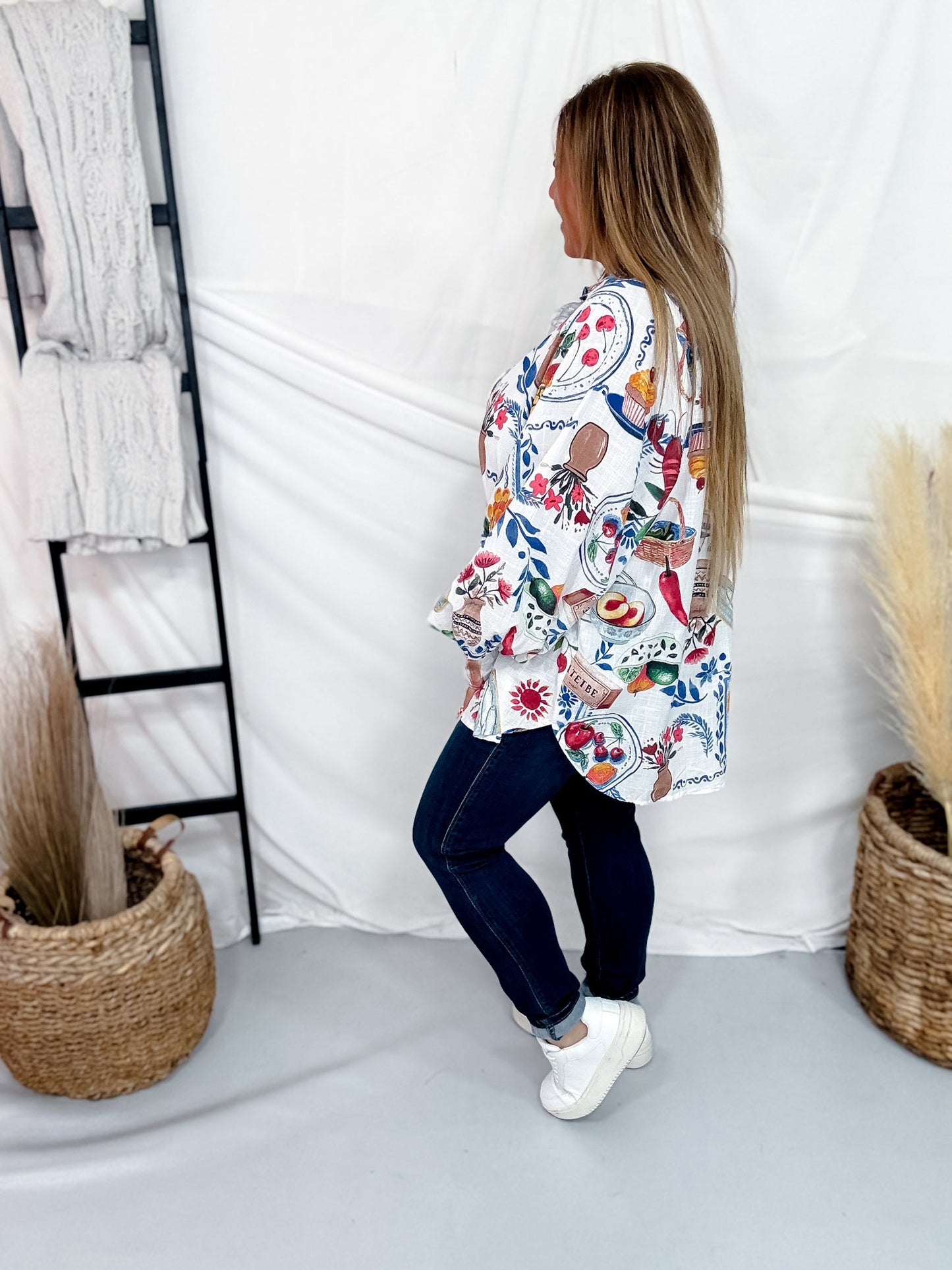White Linen Button Down Top With Artistic Food Print - Whiskey Skies - EASEL