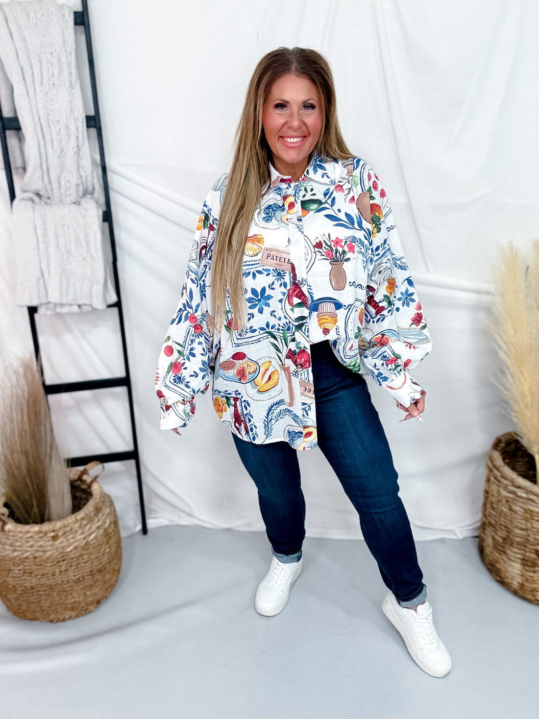 White Linen Button Down Top With Artistic Food Print - Whiskey Skies - EASEL