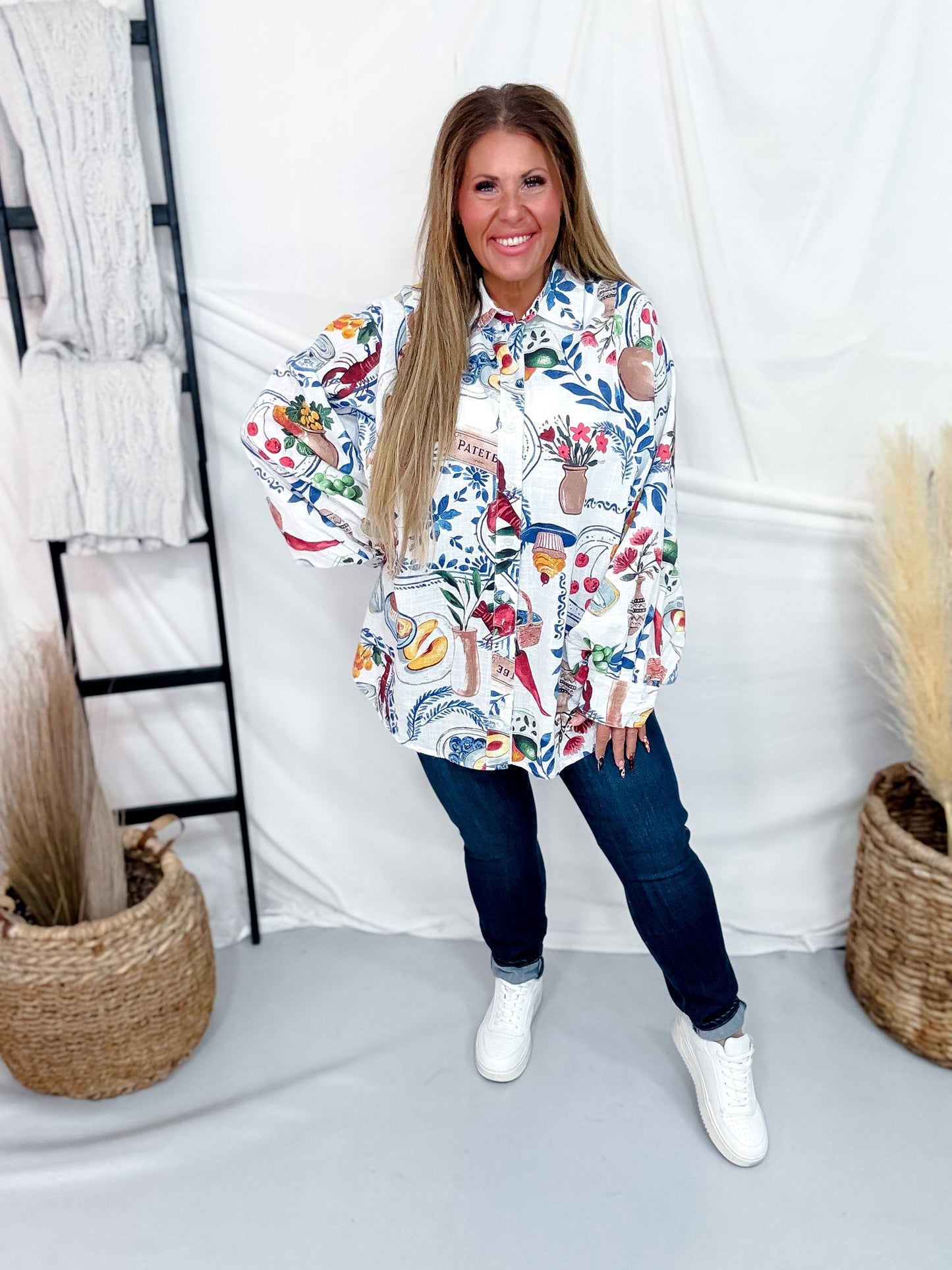 White Linen Button Down Top With Artistic Food Print - Whiskey Skies - EASEL