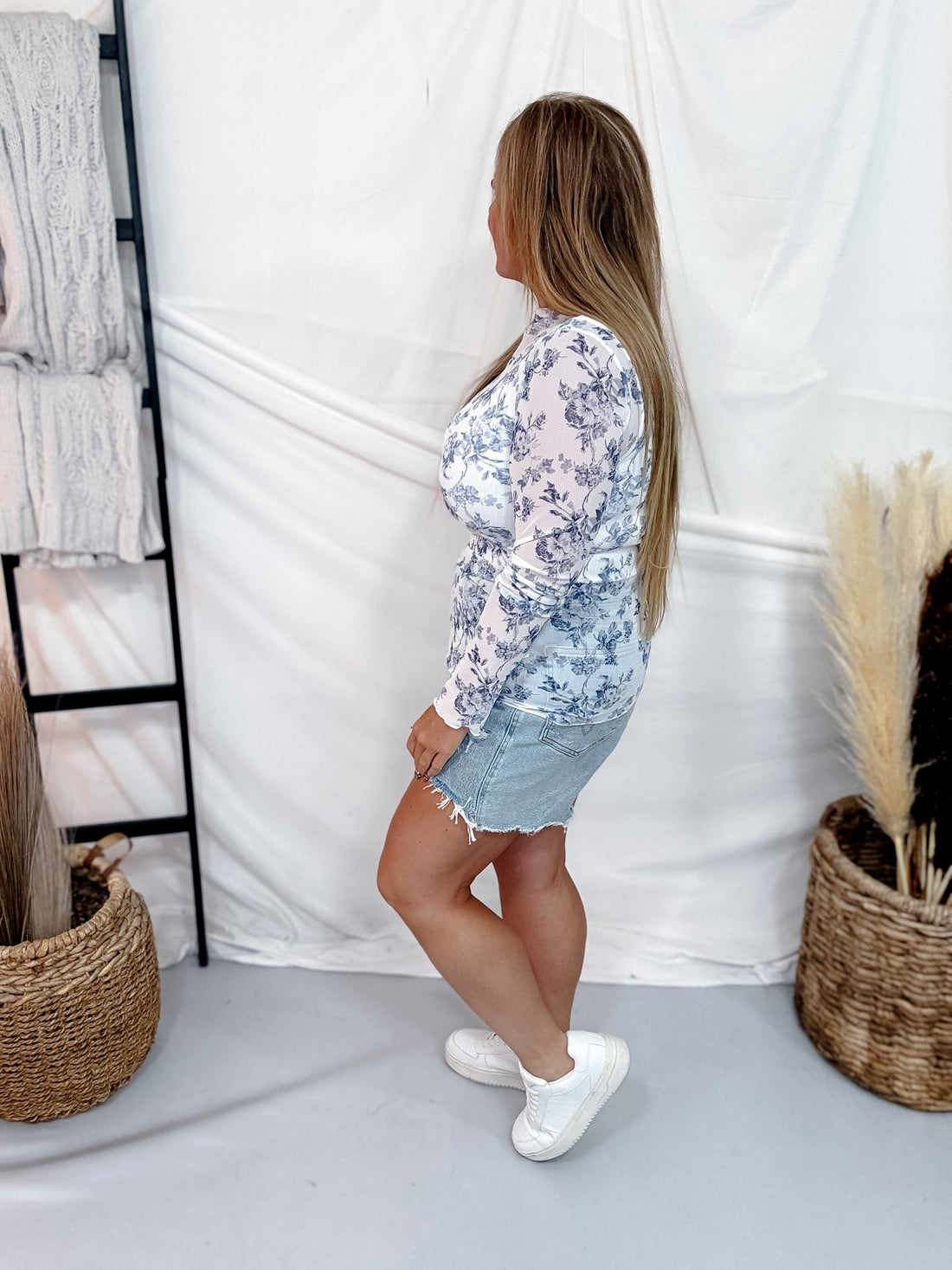 White Long Sleeve High Neck Mesh Top With Blue Floral Pattern - Whiskey Skies - SWEET GENERIS