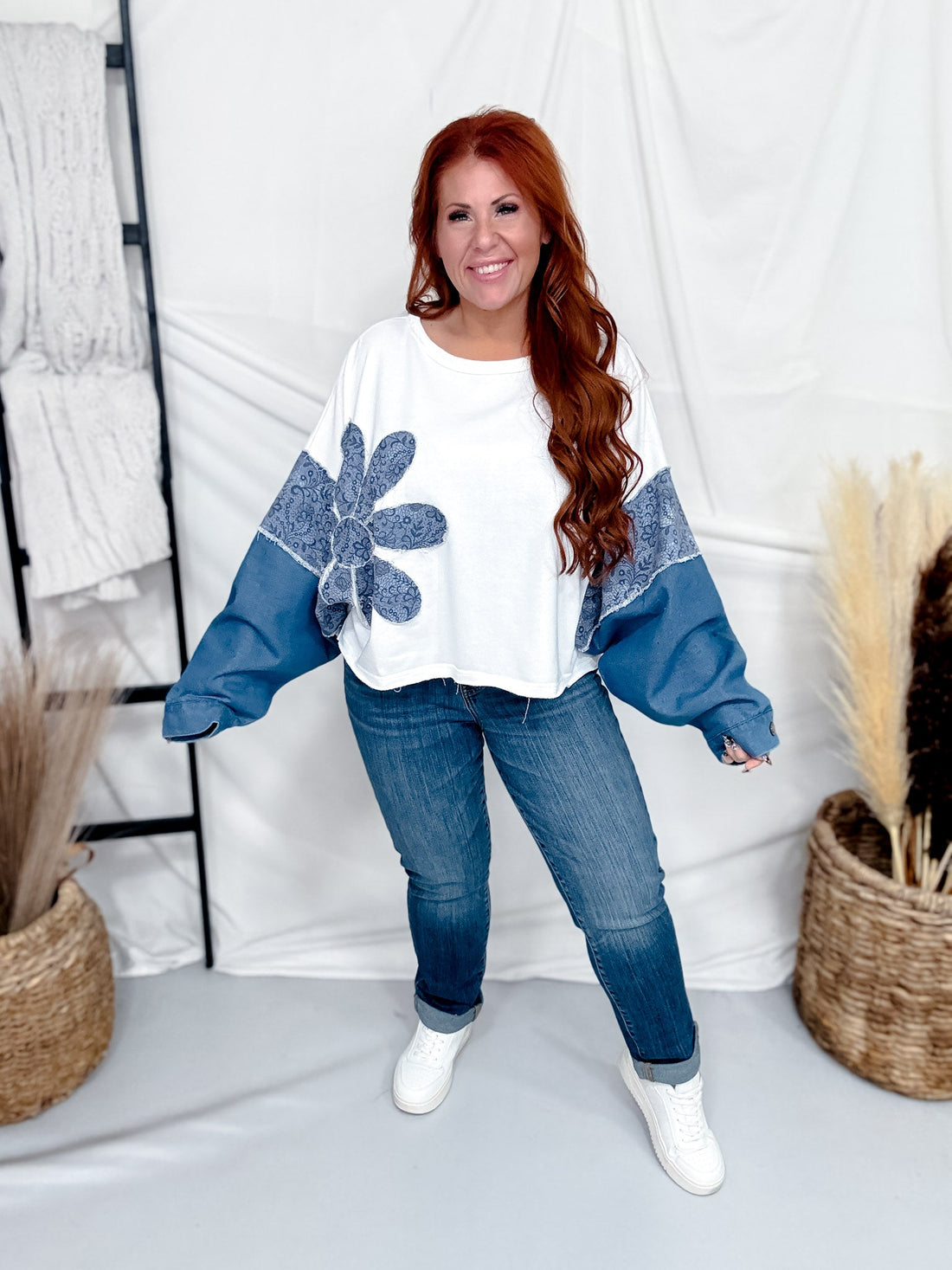 White Long Sleeve Top With Mixed Print Denim Patchwork Sleeves - Whiskey Skies - ODDI