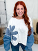 White Long Sleeve Top With Mixed Print Denim Patchwork Sleeves - Whiskey Skies - ODDI