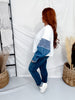 White Long Sleeve Top With Mixed Print Denim Patchwork Sleeves - Whiskey Skies - ODDI