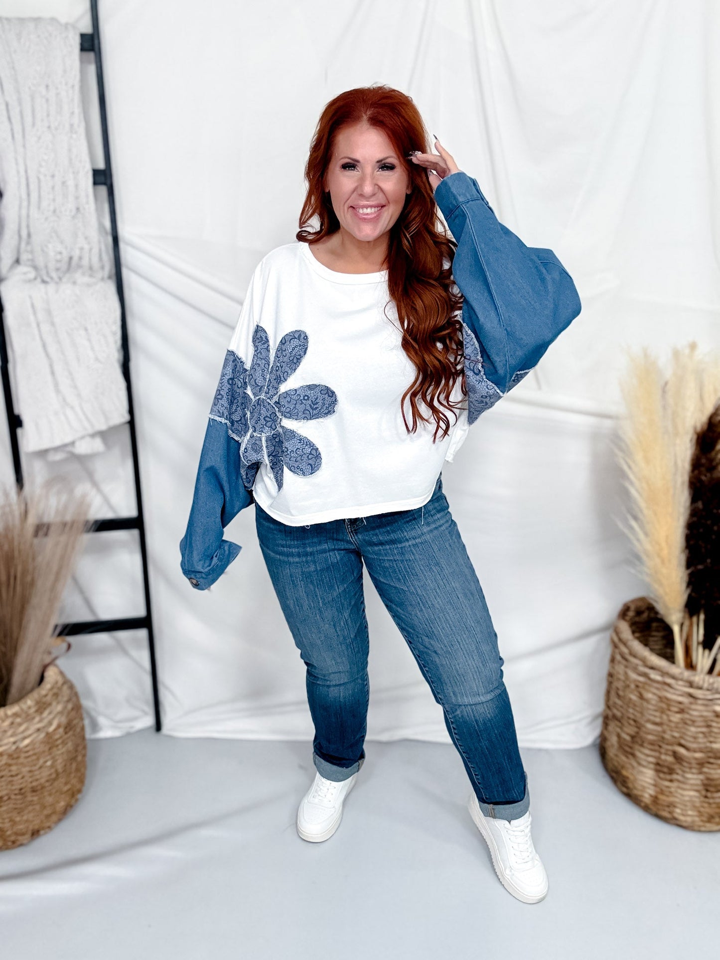 White Long Sleeve Top With Mixed Print Denim Patchwork Sleeves - Whiskey Skies - ODDI