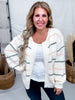 White Open Front Cardigan With Pink & Gray Stripes - Whiskey Skies - BIBI