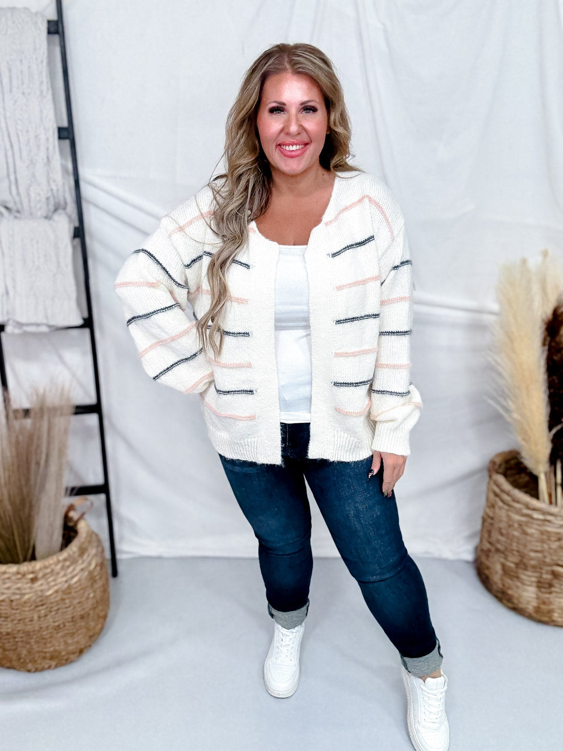 White Open Front Cardigan With Pink & Gray Stripes - Whiskey Skies - BIBI