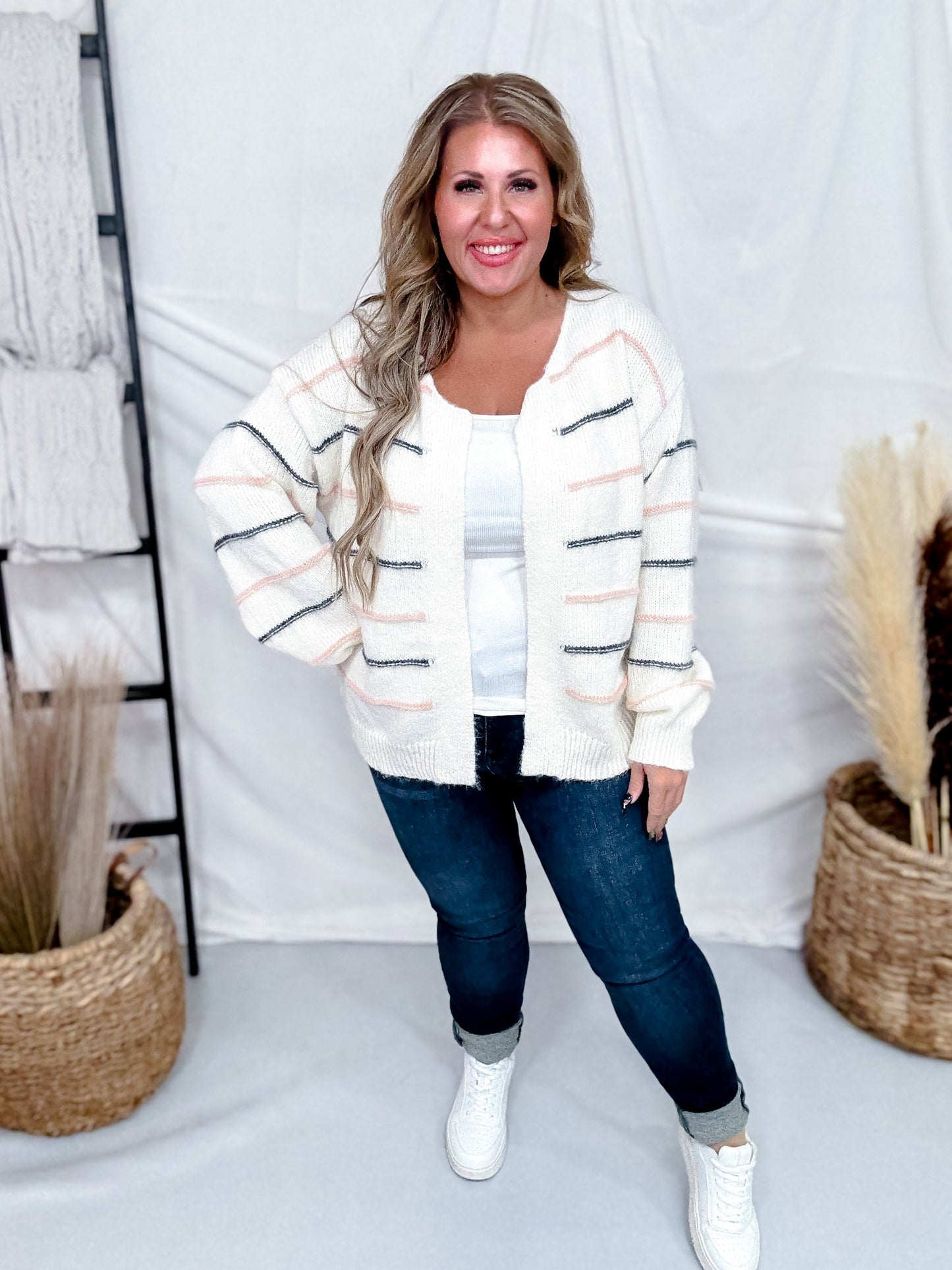 White Open Front Cardigan With Pink & Gray Stripes - Whiskey Skies - BIBI