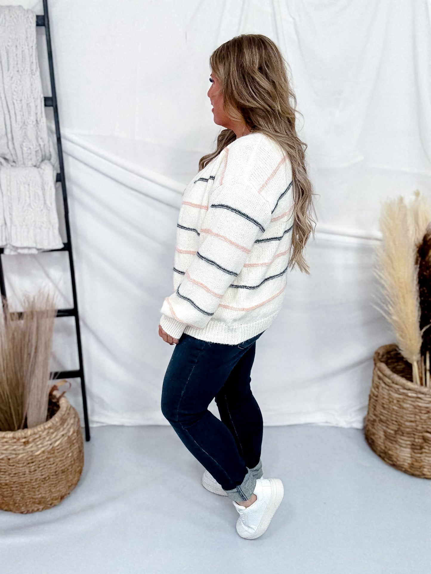 White Open Front Cardigan With Pink & Gray Stripes - Whiskey Skies - BIBI