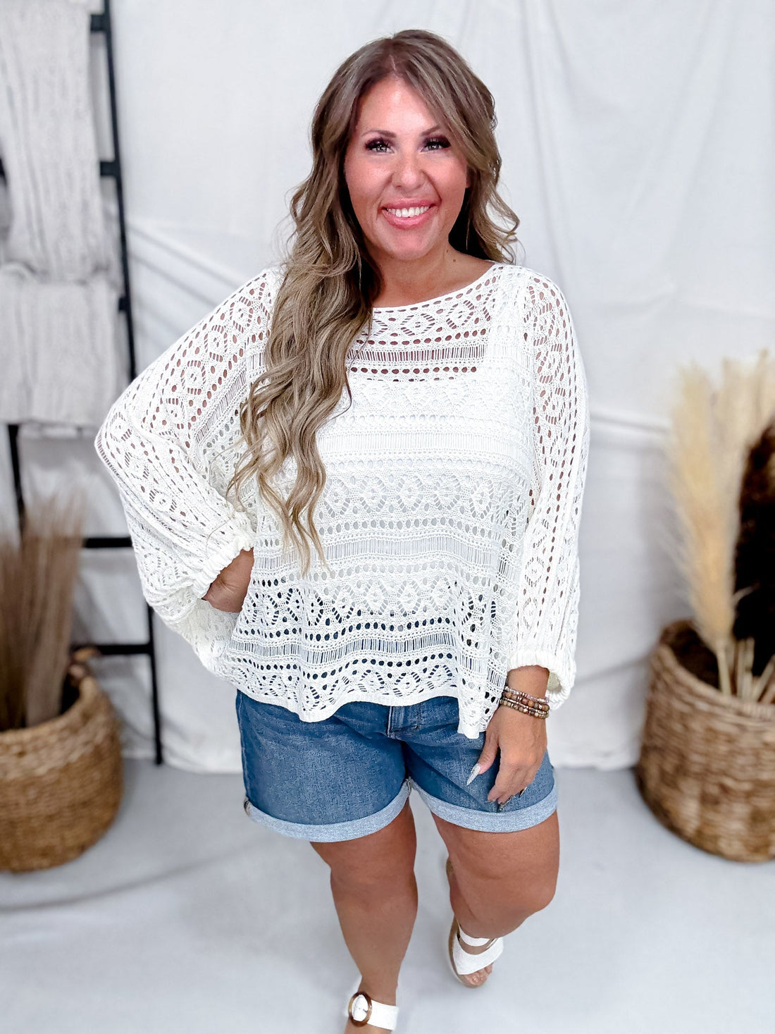 White Open Knit Cover Up With Dolman Sleeves - Whiskey Skies - COZY CO