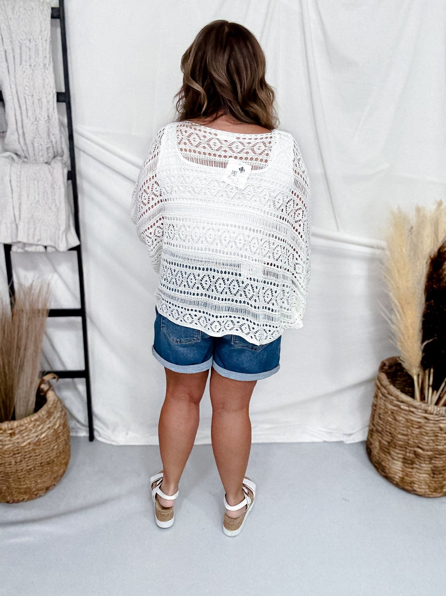 White Open Knit Cover Up With Dolman Sleeves - Whiskey Skies - COZY CO