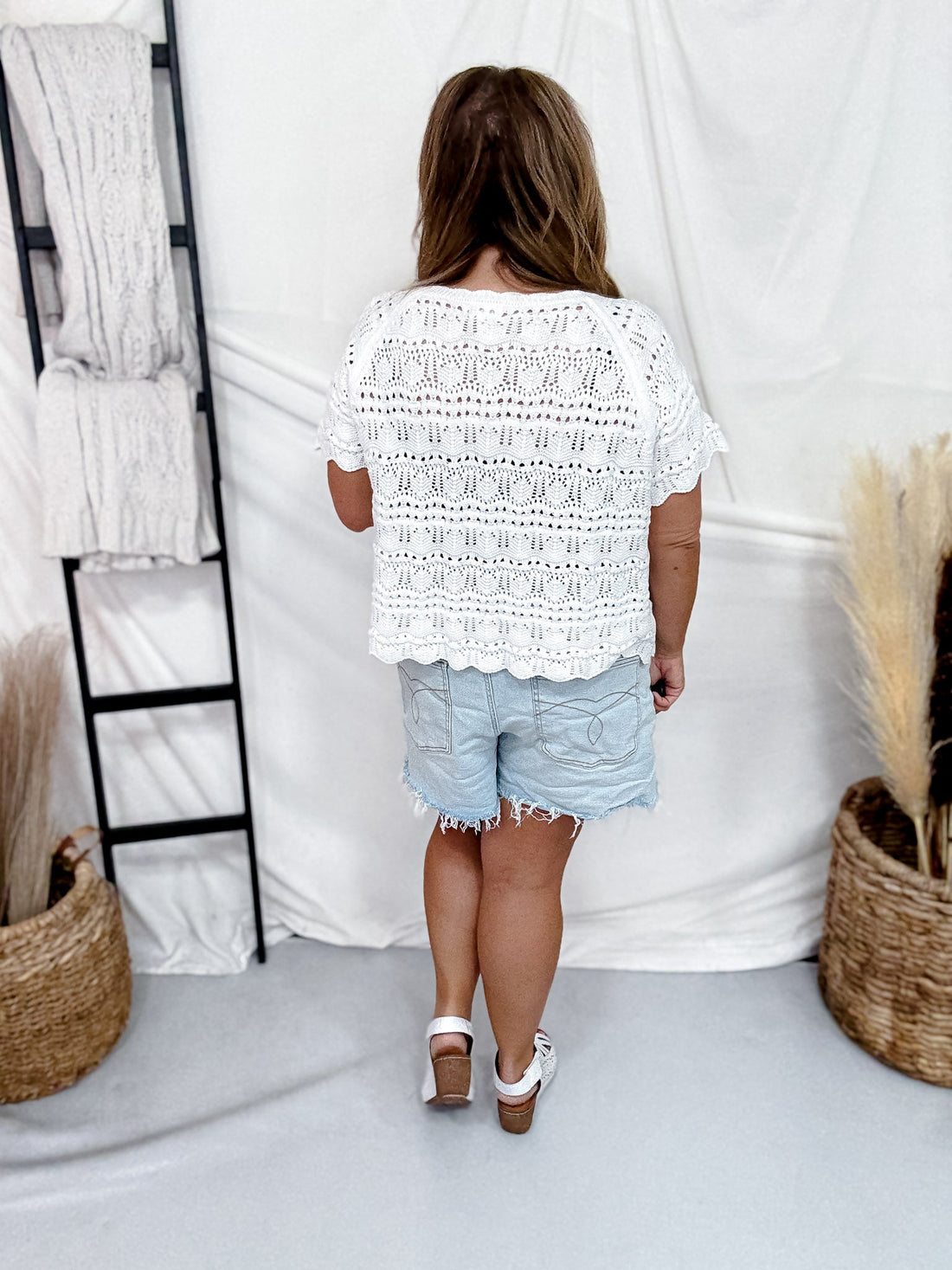 White Pointelle Knit Short Sleeve Cardigan With Bow Tie Closures - Whiskey Skies - BIBI
