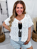 White Pointelle Knit Short Sleeve Cardigan With Bow Tie Closures - Whiskey Skies - BIBI