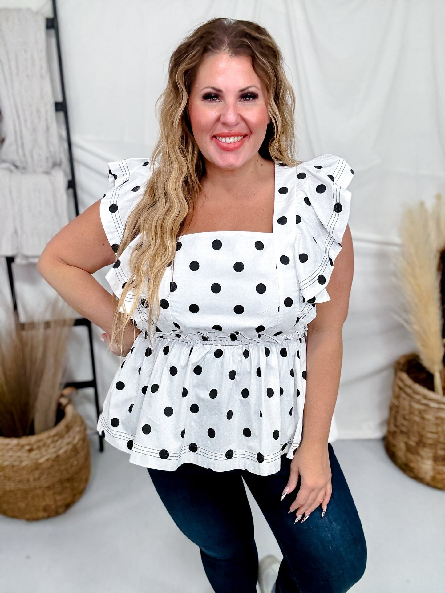 White Ruffle Sleeve Blouse W/ Polka Dot Print - Whiskey Skies - ODDI