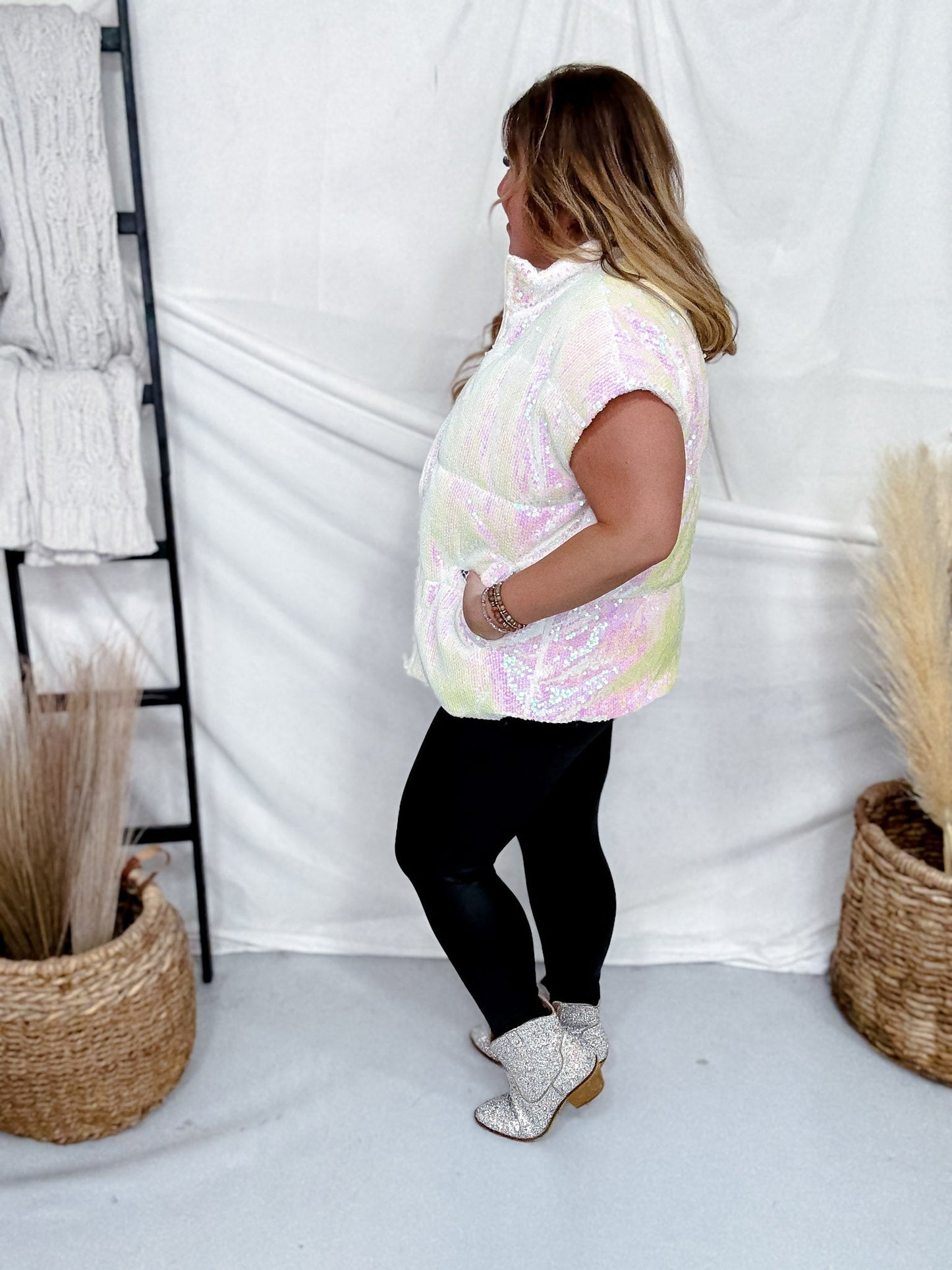 White Sequin Sleeveless Puffer Vest - Whiskey Skies - SOUTHERN GRACE