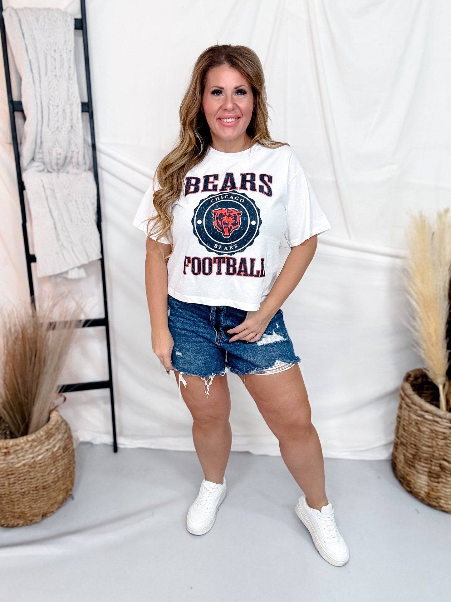 White Short Sleeve Licensed Chicago Bears Midi Tee - Whiskey Skies - GAMEDAY COUTURE