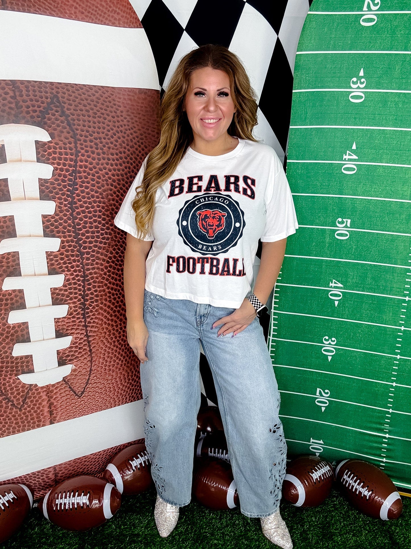 White Short Sleeve Licensed Chicago Bears Midi Tee - Whiskey Skies - GAMEDAY COUTURE
