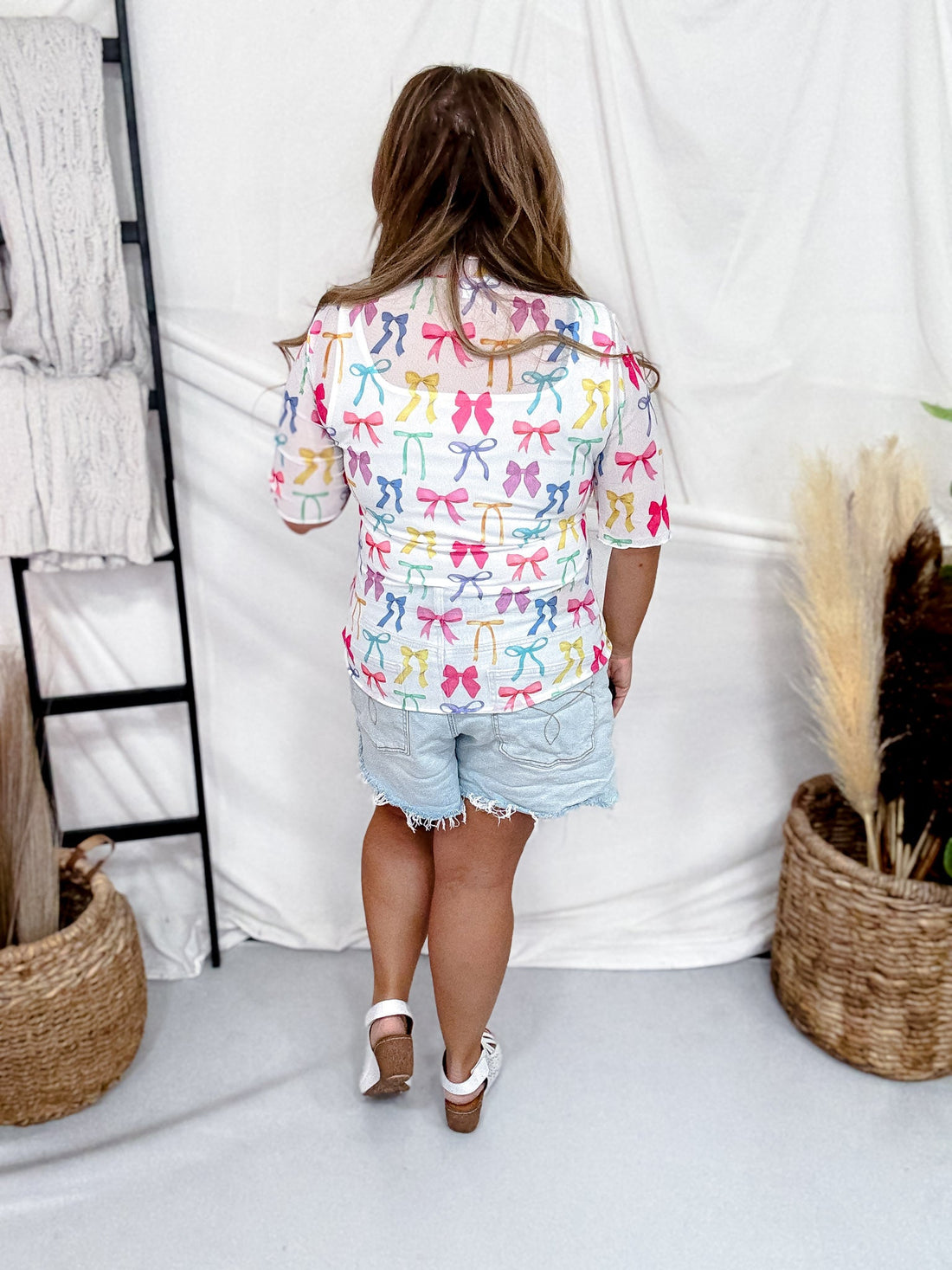White Short Sleeve Mesh Top With Colorful Bow Print - Whiskey Skies - JESS LEA