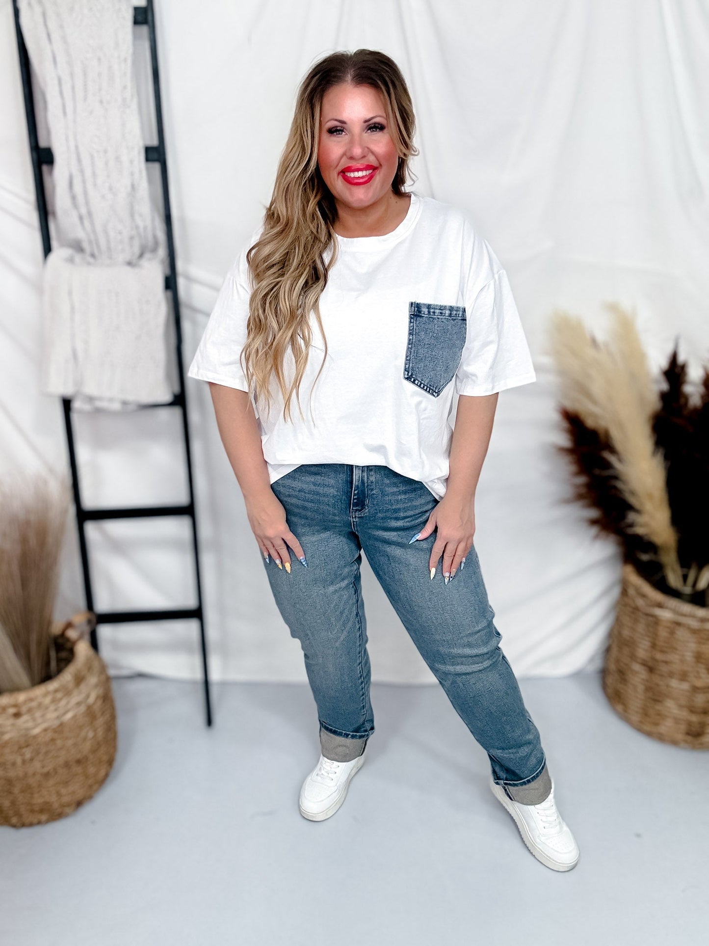 White Short Sleeve Top with Denim Front Pocket - Whiskey Skies - SEW IN LOVE