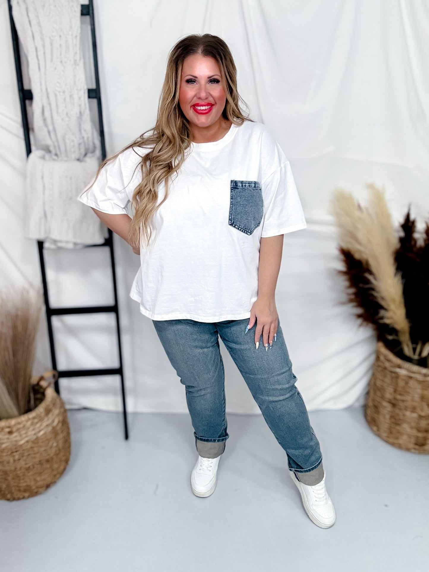White Short Sleeve Top with Denim Front Pocket - Whiskey Skies - SEW IN LOVE