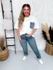 White Short Sleeve Top with Denim Front Pocket - Whiskey Skies - SEW IN LOVE