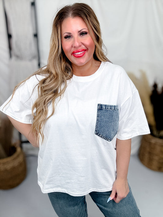 White Short Sleeve Top with Denim Front Pocket - Whiskey Skies - SEW IN LOVE