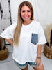 White Short Sleeve Top with Denim Front Pocket - Whiskey Skies - SEW IN LOVE