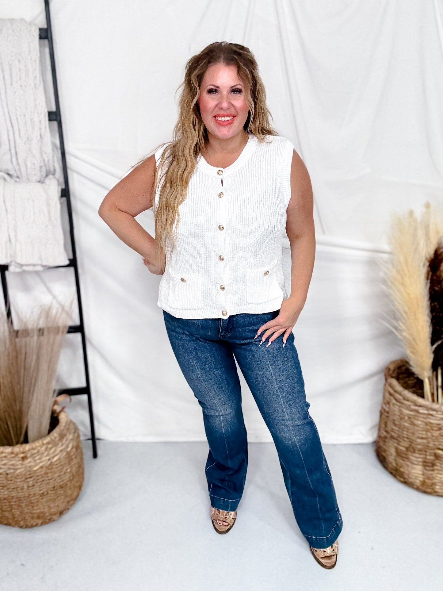 White Sleeveless Knit Top With Gold Buttons - Whiskey Skies - WHITE BIRCH