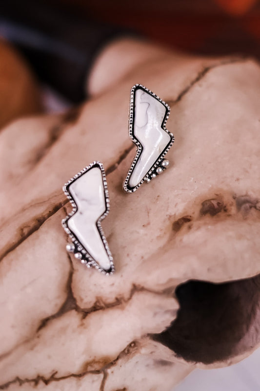 White Stone Lightning Bolt Earrings - Whiskey Skies - MYRA BAGS