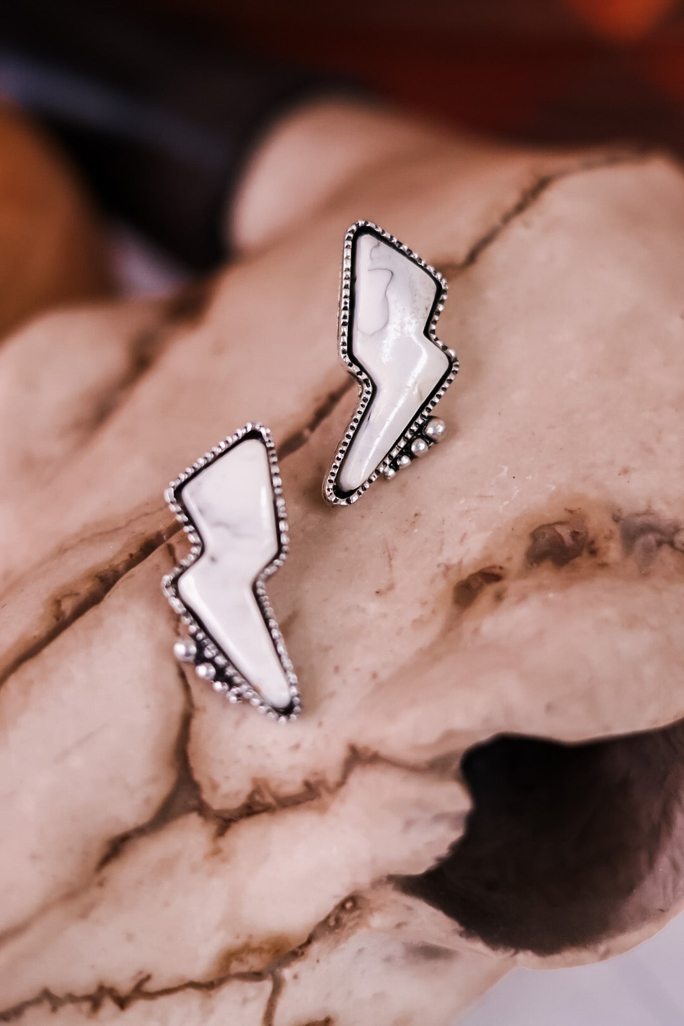 White Stone Lightning Bolt Earrings - Whiskey Skies - MYRA BAGS