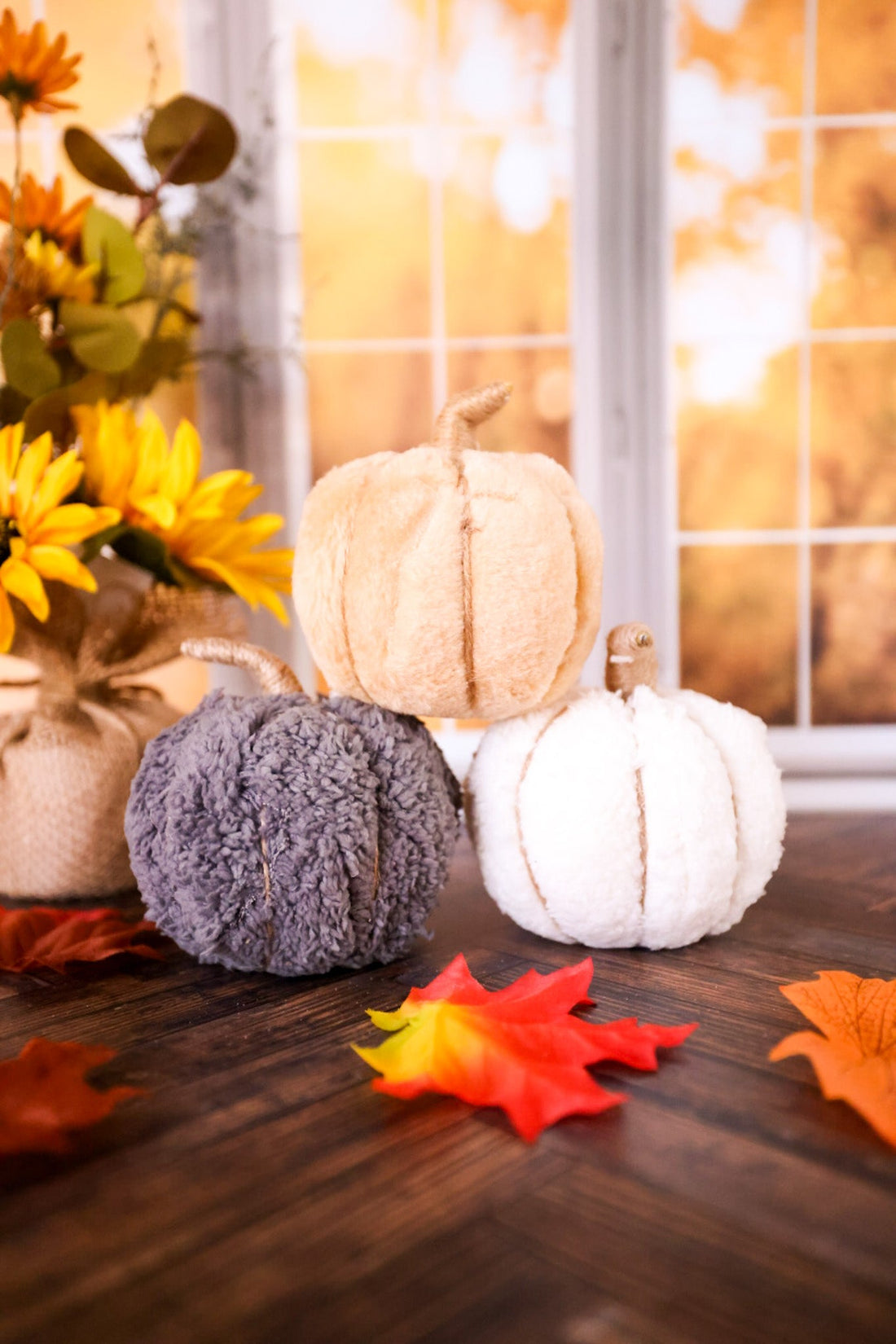 White, Tan, & Gray Furry Pumpkin Sitters (Set Of Three) - Whiskey Skies - WT COLLECTION