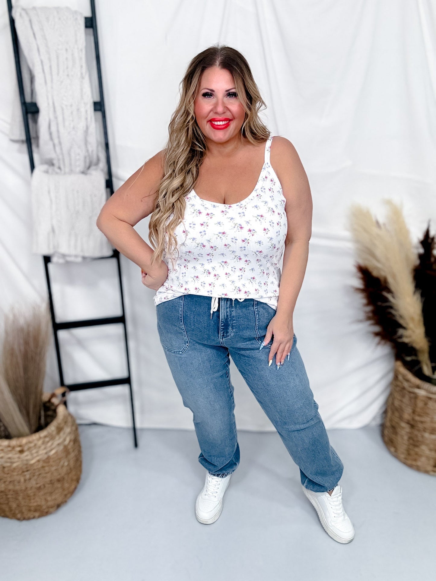 White Tank Top with Pink and Purple Floral Pattern - Whiskey Skies - P.S. KATE