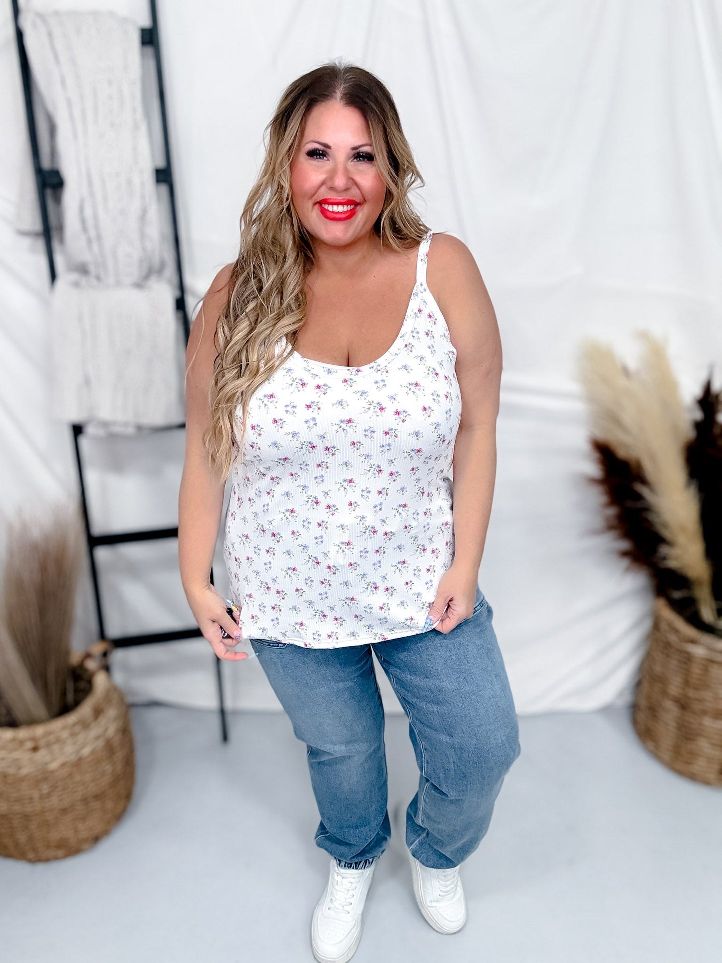White Tank Top with Pink and Purple Floral Pattern - Whiskey Skies - P.S. KATE