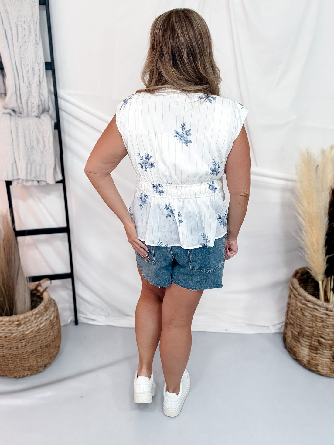 White Tie Front Peplum Top With Blue Stripes & Floral Print - Whiskey Skies - POLAGRAM + BAEVELY
