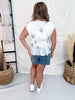 White Tie Front Peplum Top With Blue Stripes & Floral Print - Whiskey Skies - POLAGRAM + BAEVELY