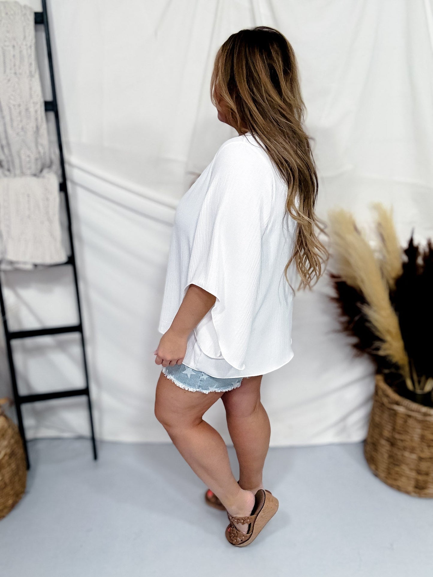 White V - Neck Top with Angel Sleeves - Whiskey Skies - SEW IN LOVE