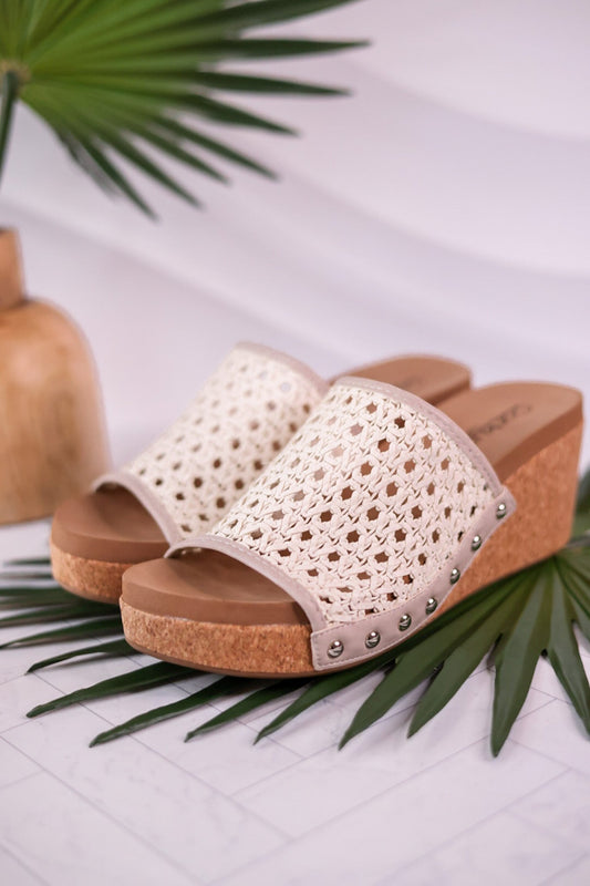 White Vacation Rattan Wedge Sandal - Whiskey Skies - CORKYS FOOTWEAR