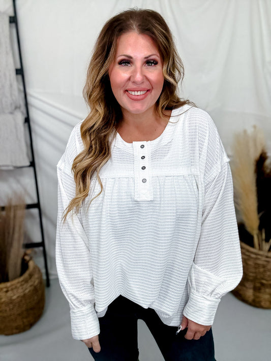 White Waffle Knit Long Sleeve Henley Top - Whiskey Skies - ODDI