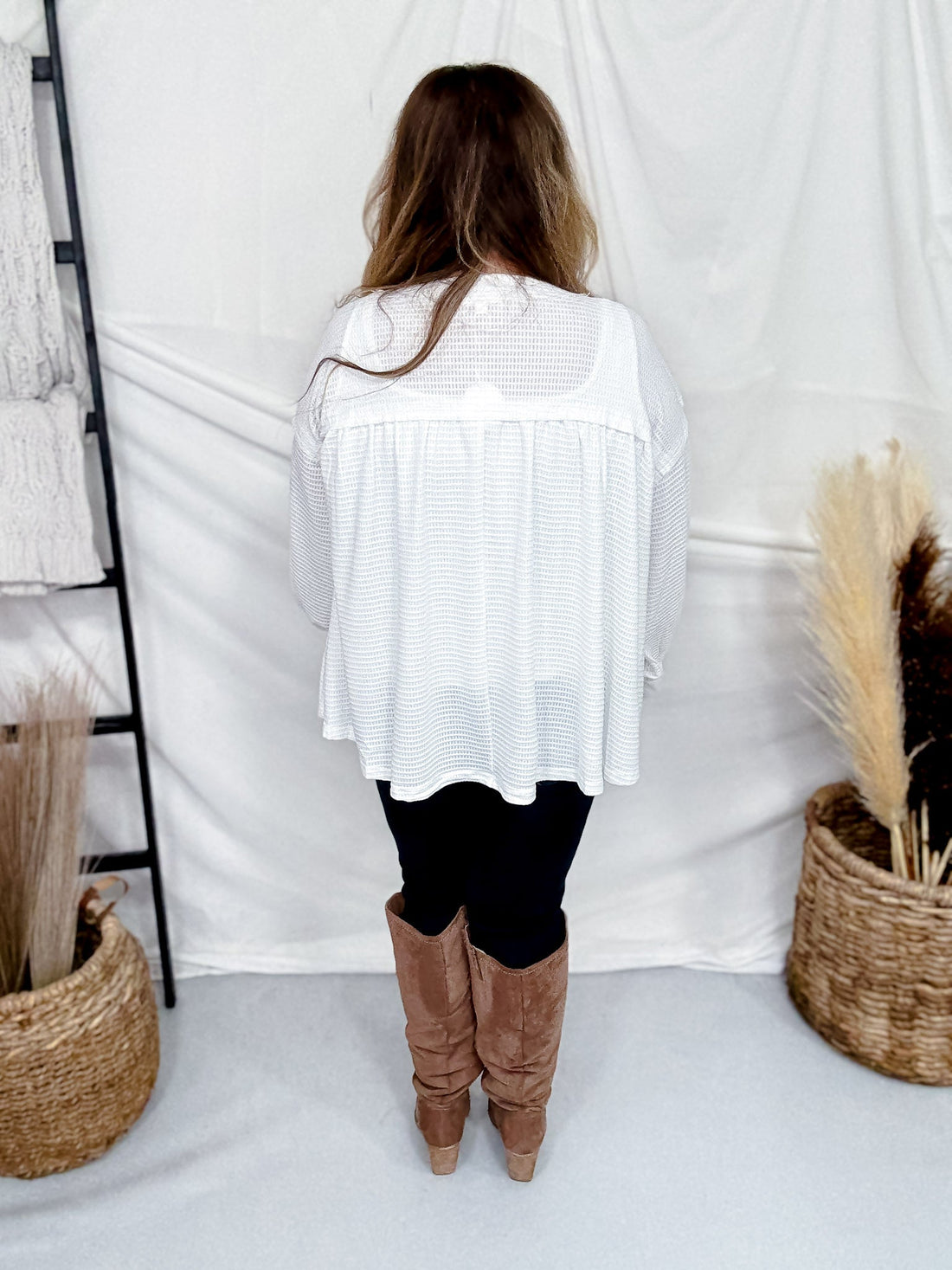 White Waffle Knit Long Sleeve Henley Top - Whiskey Skies - ODDI