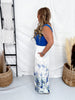 White Wide Leg Lounge Pants With Blue Floral Border - Whiskey Skies - ODDI