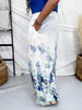 White Wide Leg Lounge Pants With Blue Floral Border - Whiskey Skies - ODDI