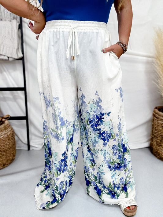 White Wide Leg Lounge Pants With Blue Floral Border - Whiskey Skies - ODDI