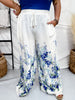 White Wide Leg Lounge Pants With Blue Floral Border - Whiskey Skies - ODDI