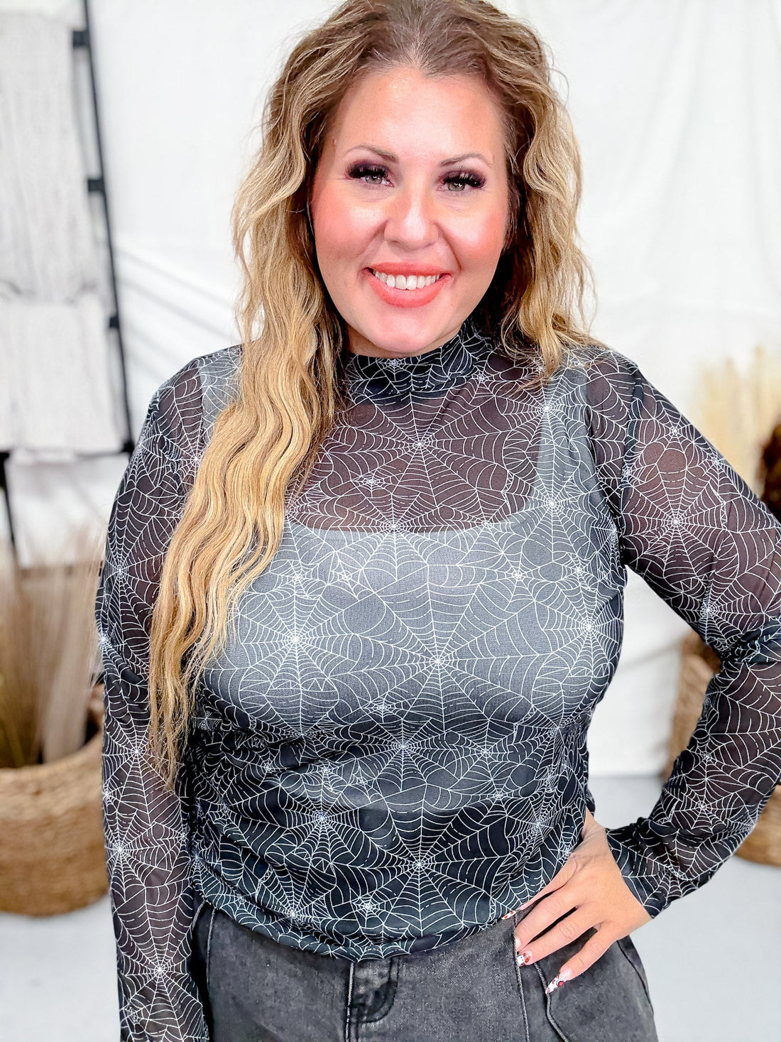 Wicked West Spider Web Long Sleeve Mesh Top - Whiskey Skies - STERLING KREEK