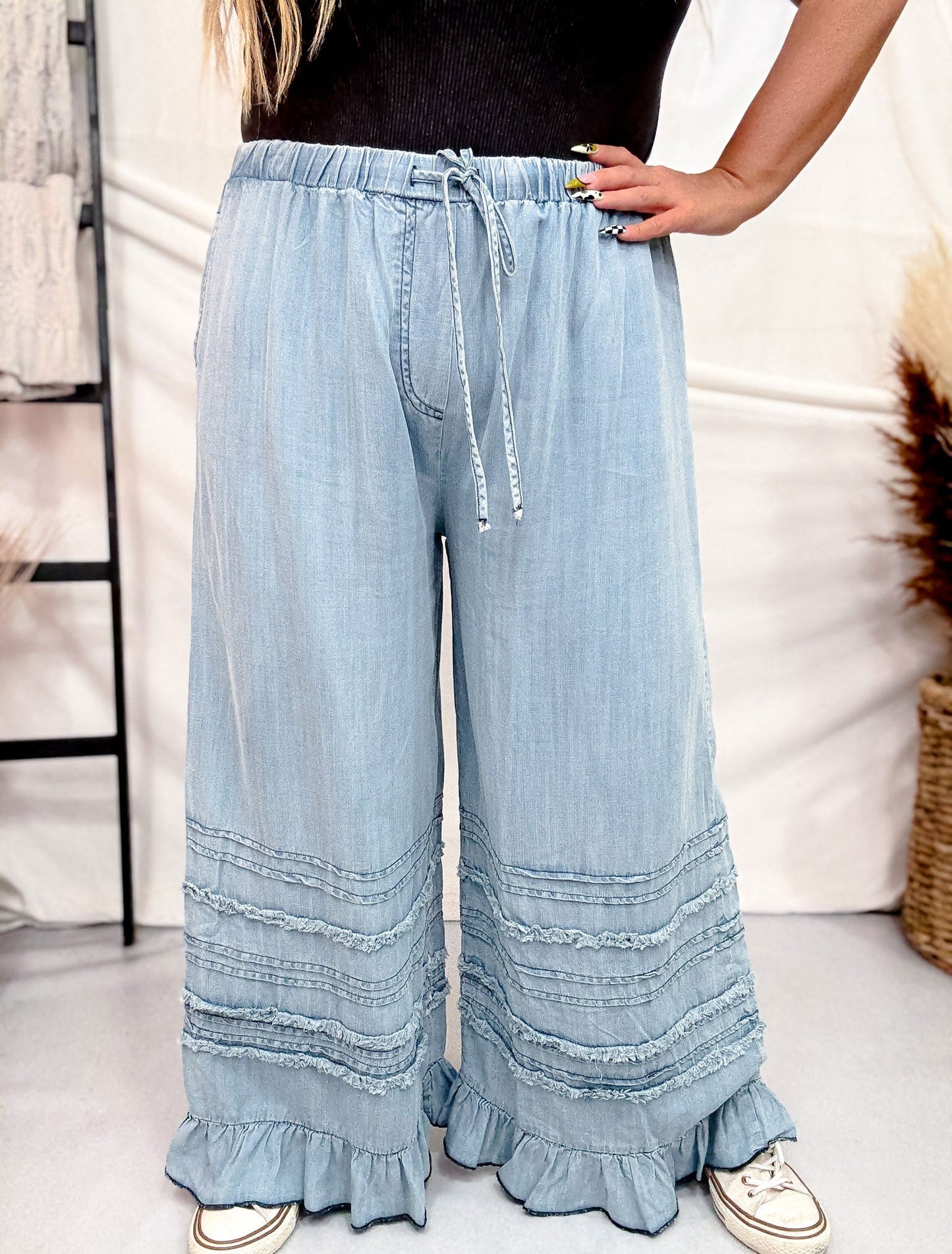 Wide Leg Chambray Pants With Ruffle Hem In Light Denim - Whiskey Skies - EASEL