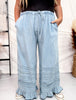 Wide Leg Chambray Pants With Ruffle Hem In Light Denim - Whiskey Skies - EASEL