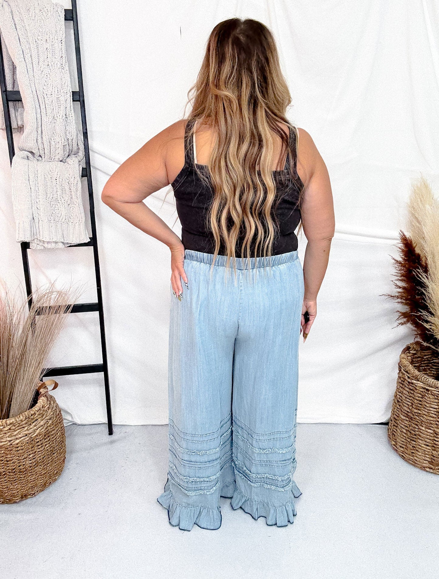 Wide Leg Chambray Pants With Ruffle Hem In Light Denim - Whiskey Skies - EASEL