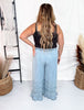 Wide Leg Chambray Pants With Ruffle Hem In Light Denim - Whiskey Skies - EASEL